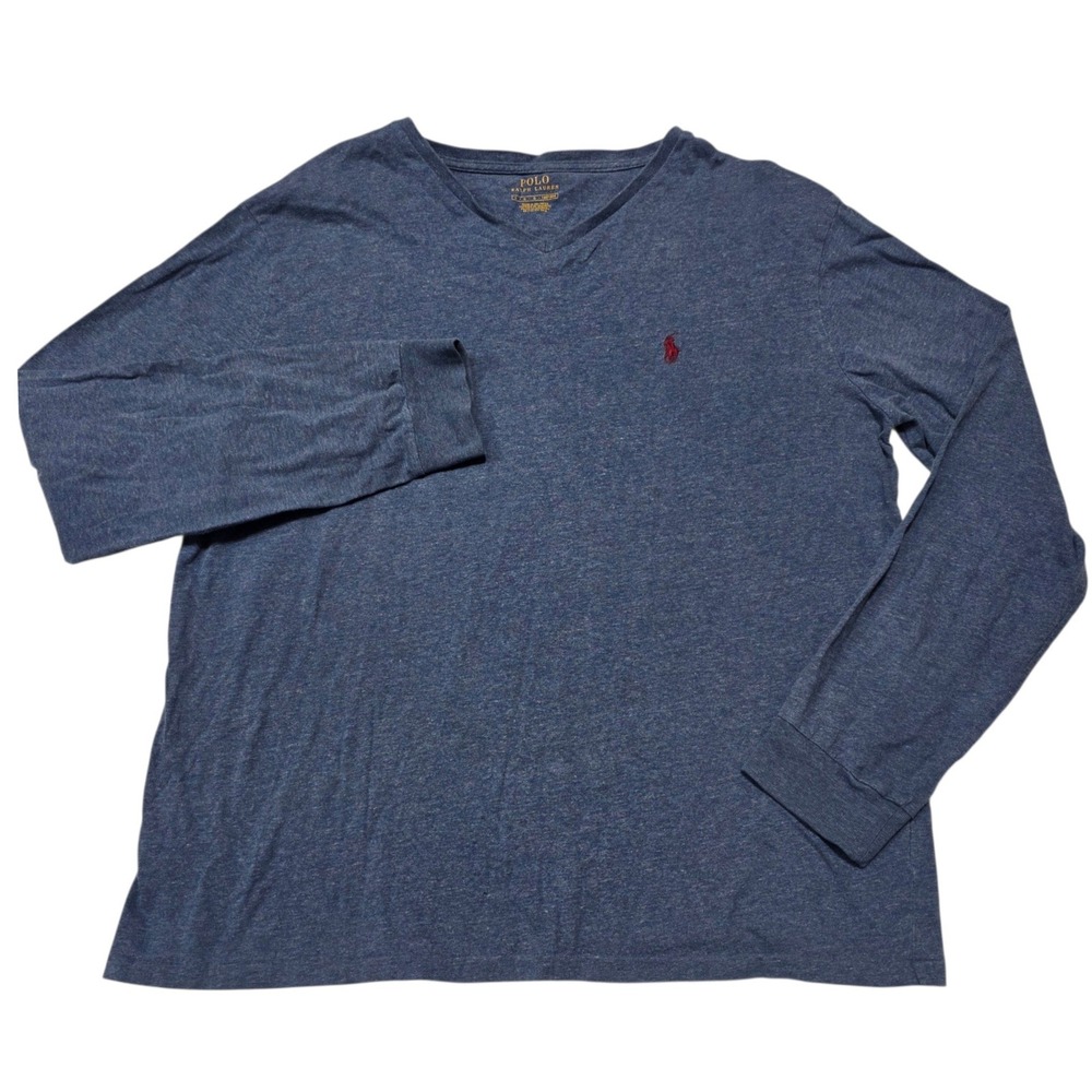 Polo Ralph Lauren T-Shirt Mens L Blue Long Sleeve V-Neck Pony Logo Heathered